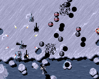 S.W.I.V. (Amiga) screenshot: Groups of moving modules are deadly on touch
