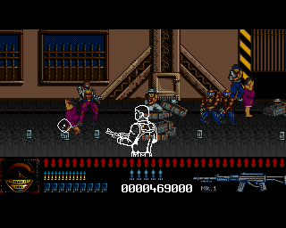 Predator 2 (Amiga) screenshot: The women in the purple dresses are innocent. Don't shoot them