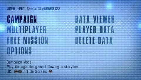 Ace Combat X: Skies of Deception (PSP) screenshot: Main menu