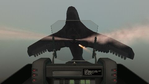 Ace Combat X: Skies of Deception (PSP) screenshot: Cockpit view: attacking the airborne fortress.