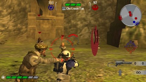 Star Wars: Battlefront - Renegade Squadron (PSP) screenshot: Multiplayer: surrounded by Rebels.