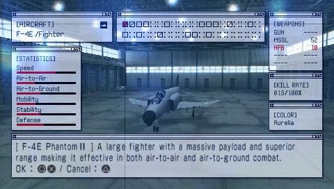 Ace Combat X: Skies of Deception (PSP) screenshot: Plane select