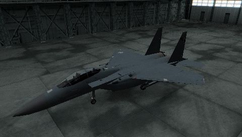 Ace Combat X: Skies of Deception (PSP) screenshot: F-15E Strike Eagle in hangar