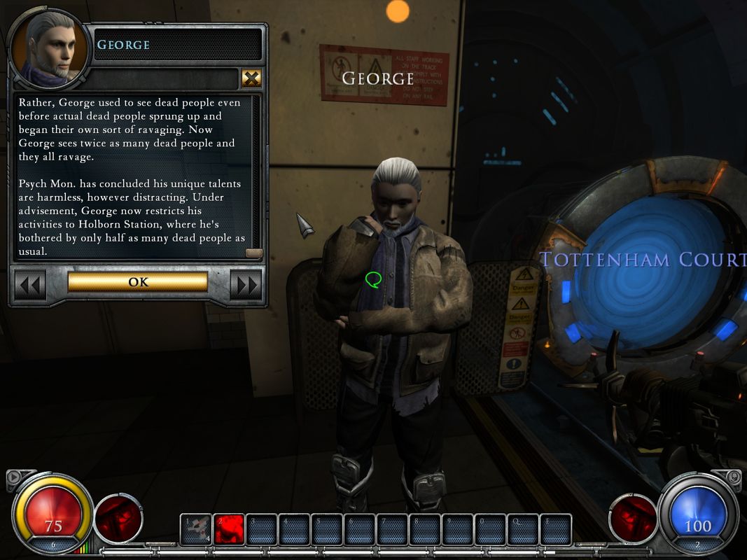 Hellgate: London (Windows) screenshot: When you inspect a NPC you'll be told his background story.