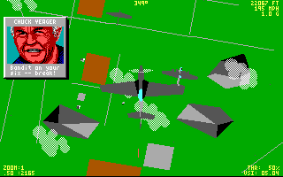 Chuck Yeager's Air Combat (DOS) screenshot: Chuck Yeager himself will give you advice, even in the middle of the fight (Tandy)