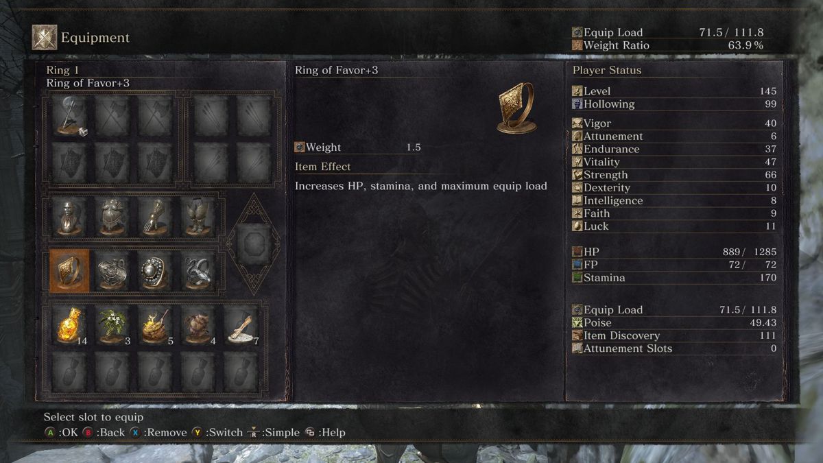 Dark Souls III: The Ringed City (Windows) screenshot: Check out those nifty +3 rings!