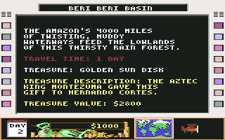 Disney's Duck Tales: The Quest for Gold (Commodore 64) screenshot: Location and Treasure description
