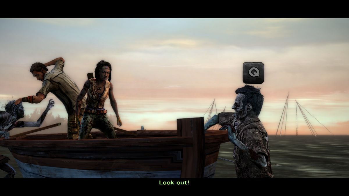 The Walking Dead: Michonne (Windows) screenshot: Episode 1 - Zombies are trying to get onboard our boat