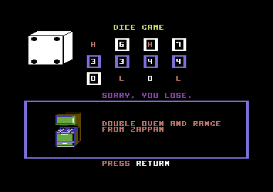 The Price is Right (Commodore 64) screenshot: BEfore you roll those dice, baby think twice