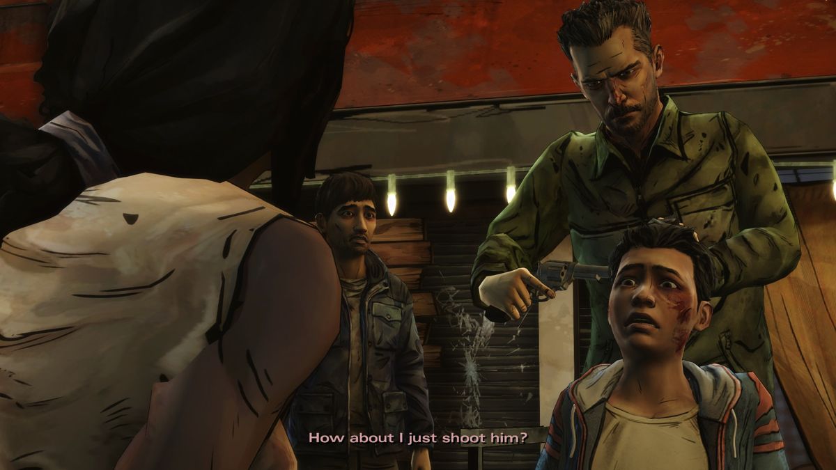 The Walking Dead: Michonne (Windows) screenshot: Episode 1 - They're taking this interrogation a bit too far