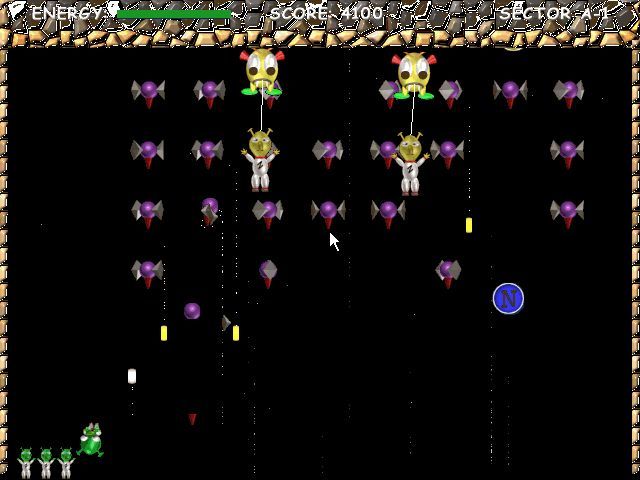 Zak Zapper (Windows) screenshot: A game in progress, This shows two of our colleagues who must be rescued, alien ships, and a power-up