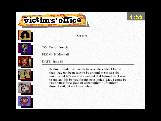 Who Killed Taylor French?: The Case of the Undressed Reporter (Windows 3.x) screenshot: Memo