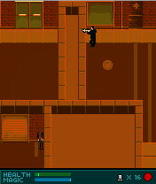 Constantine (J2ME) screenshot: Roaming the streets with a holy shotgun.