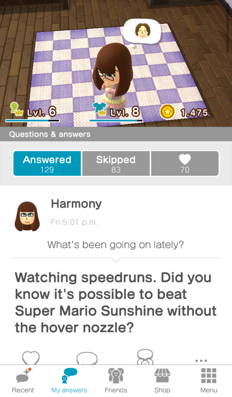Miitomo (Android) screenshot: One of my recent answers. This is a true fact, by the way!