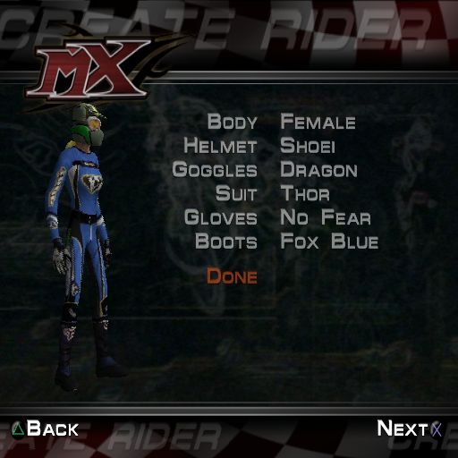 MX Superfly Featuring Ricky Carmichael (PlayStation 2) screenshot: Career Mode: This starts with the character creation screen