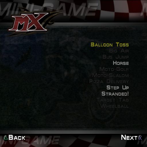 MX Superfly Featuring Ricky Carmichael (PlayStation 2) screenshot: Mini Games: Even though some are highlighted these games must be unlocked before they can be played