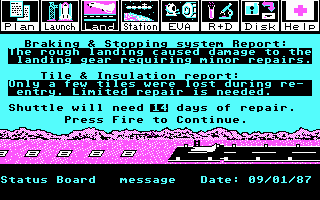 Project: Space Station (DOS) screenshot: Rough Landings Put Shuttles Out Of Commission For A While