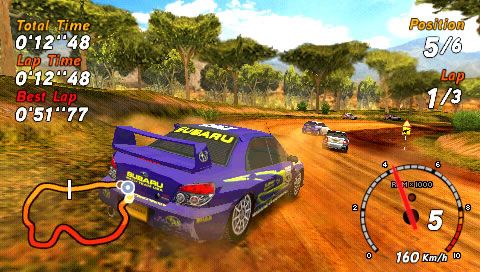 SEGA Rally Revo (PSP) screenshot: The Subary prepares to dive into the corner.