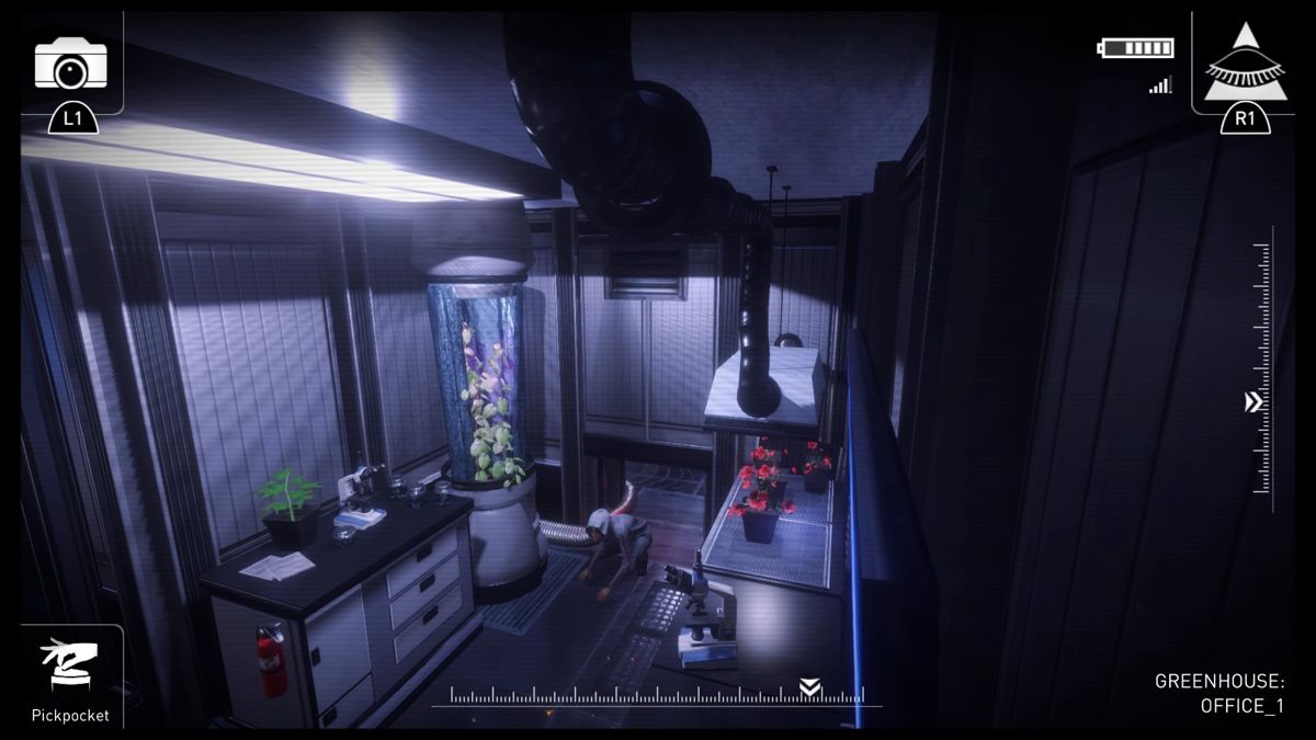 République (PlayStation 4) screenshot: Episode 4 - Crawling through the ducts is a good way to escape Mammoth who cannot follow you through