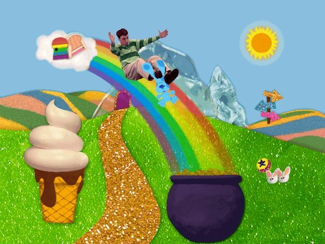 Blue's Clues: Blue's Treasure Hunt (Windows) screenshot: Steve and Blue slide down the rainbow bridge into the pot of gold (foil-covered chocolate gold).