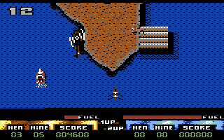 Pro Powerboat Simulator (Commodore 64) screenshot: Watch out for that split in the river!