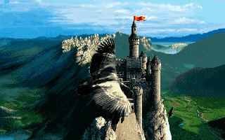 Ishar 3: The Seven Gates of Infinity (DOS) screenshot: A eagle flying over the castle (introduction)