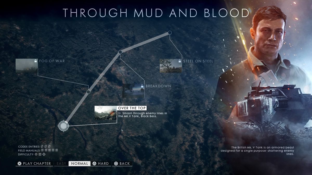 Battlefield 1 (PlayStation 4) screenshot: Selecting the tank mission