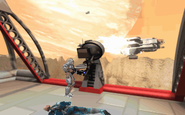BioForge (DOS) screenshot: Gunning down a troop ship.