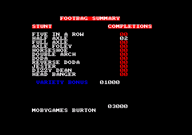 California Games (Amstrad CPC) screenshot: The scores for the footbag event.