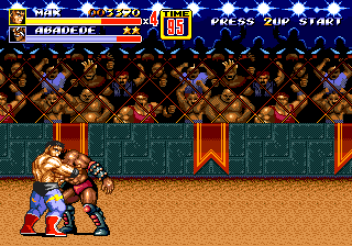 Streets of Rage 2 (Genesis) screenshot: Max grabs Abadede, the powerful boss of stage 4, and hits him with a bear punch