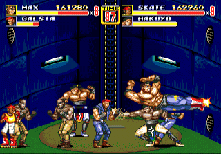 Streets of Rage 2 (Genesis) screenshot: Skate & Max fighting loads of enemies
