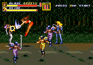 Streets of Rage 2 (Genesis) screenshot: Stage 6: Blaze demonstrates her vertical slash attack