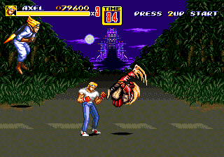 Streets of Rage 2 (Genesis) screenshot: Battle vs. Jet and Souther (who spins like Blanka from Street Fighter II) at the end of stage 6