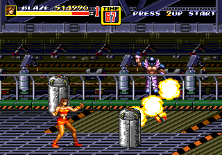 Streets of Rage 2 (Genesis) screenshot: Stage 7: Inside the factory a biker is throwing bombs at Blaze