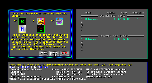 Sherlock (DOS) screenshot: The instructions screen explaining vertical clues