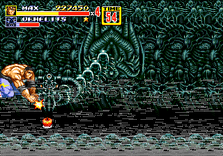 Streets of Rage 2 (Genesis) screenshot: Stage 3: Max delivers a hammer punch on Vehelits, a sub boss inside the Alien House