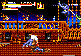 Streets of Rage 2 (Genesis) screenshot: Stage 3: Finishing Donovan with a throw on the pirate ship, while two ninja's are ready to attack