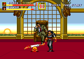 Streets of Rage 2 (Genesis) screenshot: Stage 8: Skate is break-dancing in front of Mr. X