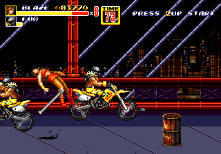 Streets of Rage 2 (Genesis) screenshot: Stage 2: Blaze is ran over by a biker gang