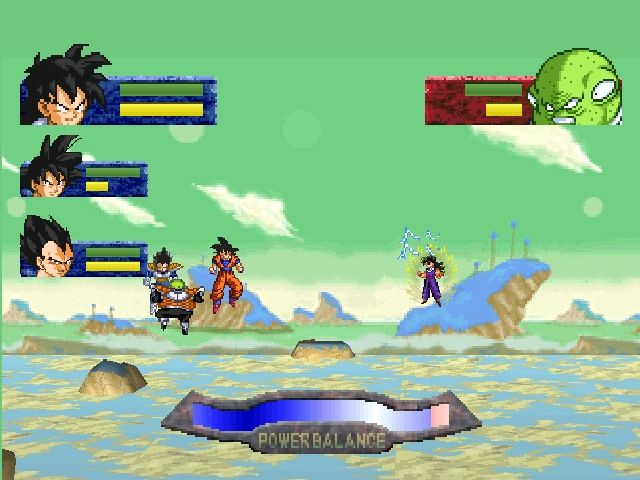 Dragon Ball Z: Idainaru Dragon Ball Densetsu (PlayStation) screenshot: The blue balance meter increases as you hit the opponent while the enemy's red balance meter decreases