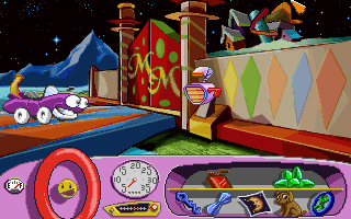Putt-Putt Goes to the Moon (DOS) screenshot: Play a Simon-style game to unlock these gates.
