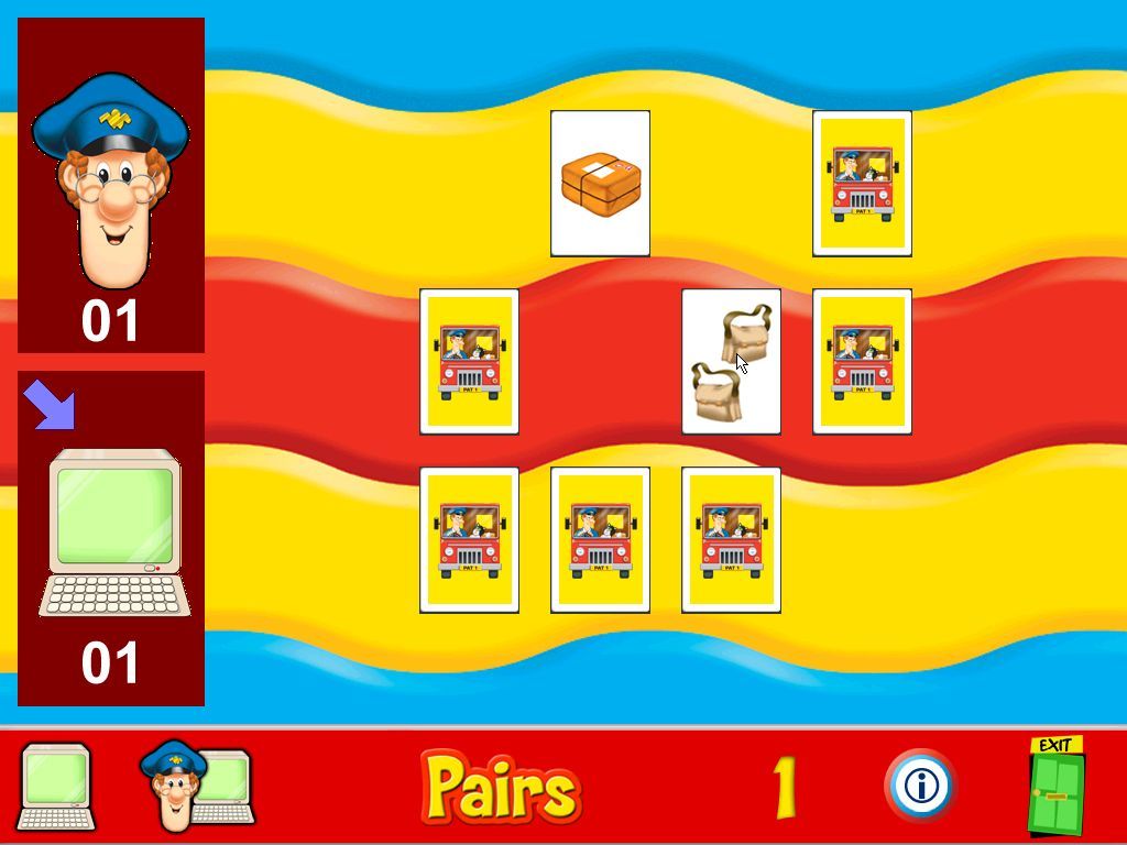 Postman Pat Activity Centre (Windows) screenshot: A game of Pairs in progress, player vs computer