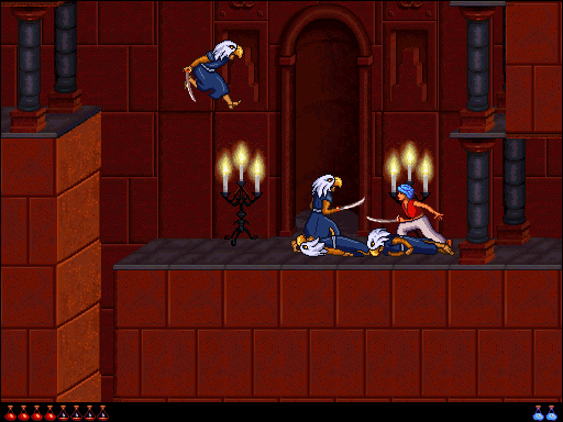 Prince of Persia 2: The Shadow & The Flame (Macintosh) screenshot: Excuse me guys but 4 vs 1 is not a gentleman attitude...