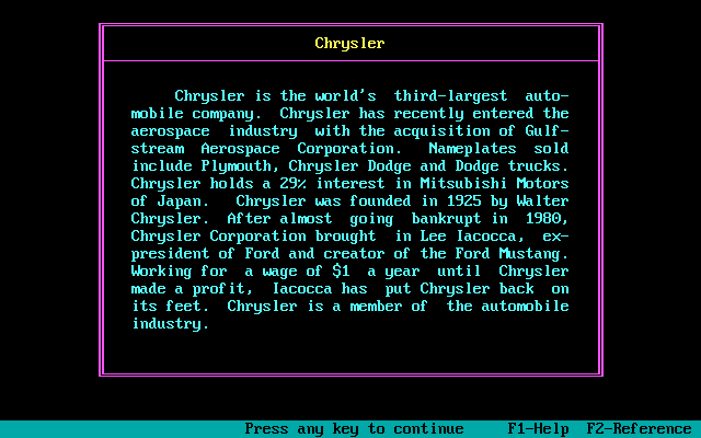 Millionaire: The Stock Market Simulation (Release 2) (DOS) screenshot: Description of Chrysler