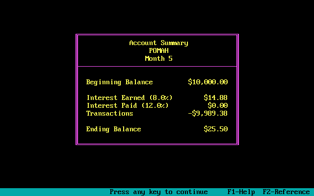 Millionaire: The Stock Market Simulation (Release 2) (DOS) screenshot: Account Summary