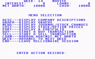 Millionaire: The Stock Market Simulation (Commodore 64) screenshot: Main Menu