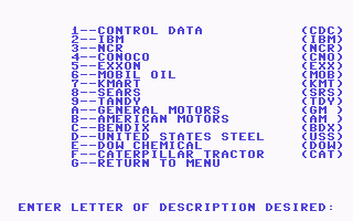 Millionaire: The Stock Market Simulation (Commodore 64) screenshot: A list of Companies