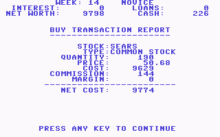Millionaire: The Stock Market Simulation (Commodore 64) screenshot: Buy Transaction report