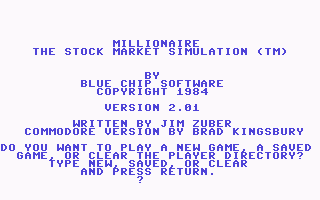 Millionaire: The Stock Market Simulation (Commodore 64) screenshot: Title Screen