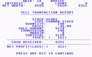 Millionaire: The Stock Market Simulation (Commodore 64) screenshot: Sell Transaction Report